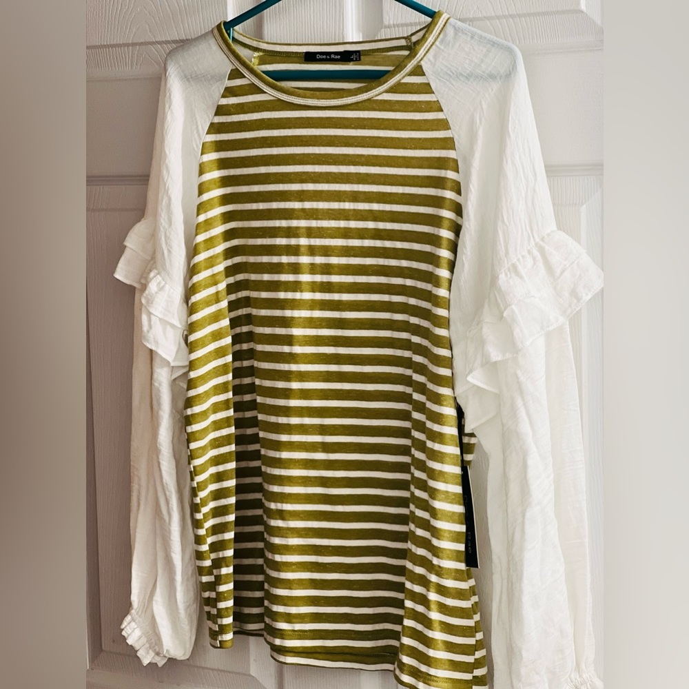 Olive and White Stripe Ruffle Sleeve Shirt
